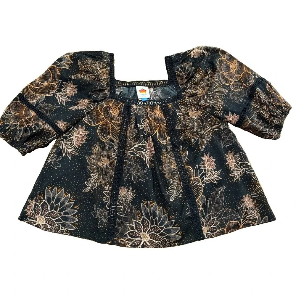 NWT FARM Rio x Anthropologie Floral Puff Sleeve Cotton Blouse Black Size L
